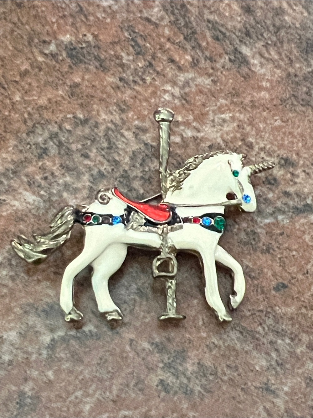 White Carousel Unicorn Brooch